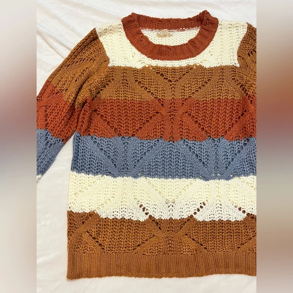 Hem & Thread Striped Multicolor Women's Fall Autumn Cozy Sweater Size Large - Picture 2 of 16